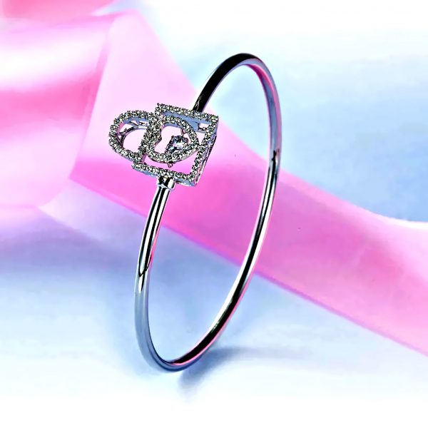 Sterling Silver Heart Lock Bangle with Mobile Stone