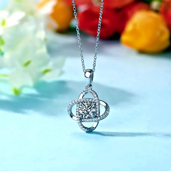 Sterling Silver Flower Pendant Necklace with 1 Carat Moissanite Gemstone